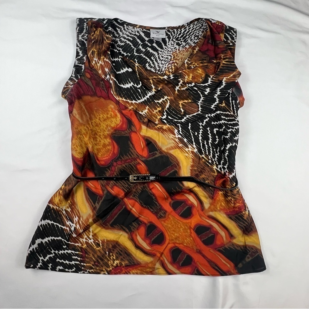 Worthington - Women’s Belted Sleeveless Top - Petite Medium - Browns/Oranges